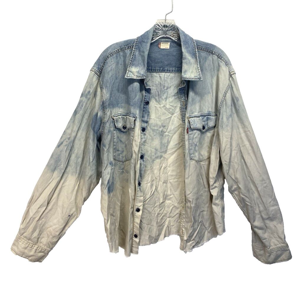 Levi's Denim Shirt Men's Size L Light Acid Wash Western Raw Hem Distressed FLAW